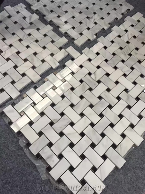 Polished White Marble Basketweave Mosaic Wall Panel