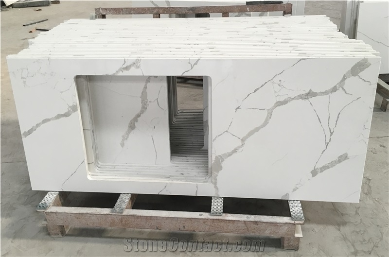 White Calacatta Quartz Stone Engineered Kitchen Slab