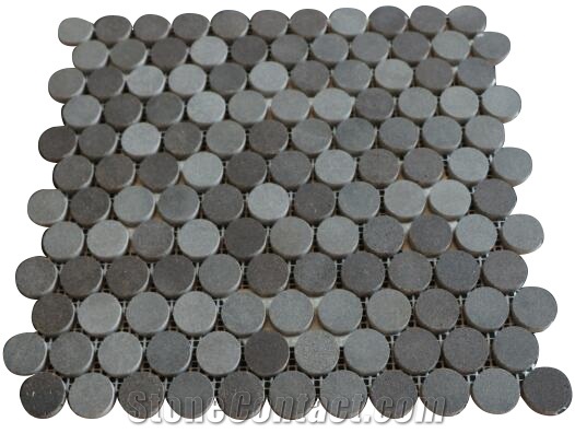 Mixed Honed Basalt Round Mosaic Tiles