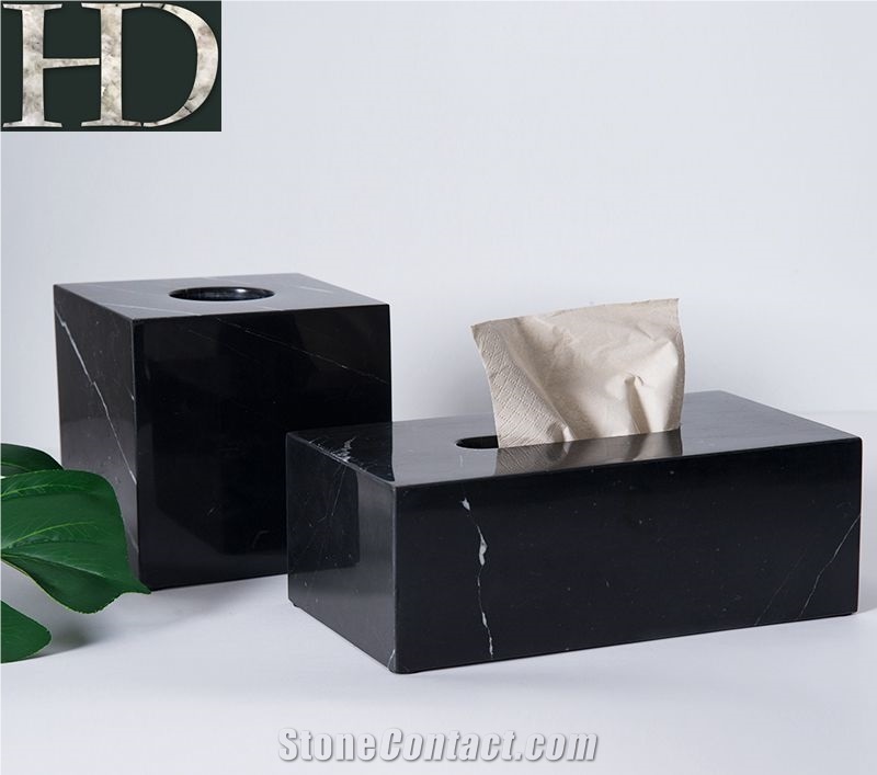 Chinese Nero Marquina Marble Black Tissue Box Case