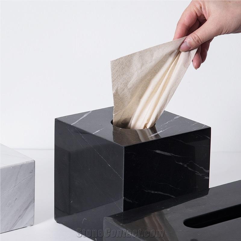 Chinese Nero Marquina Marble Black Tissue Box Case