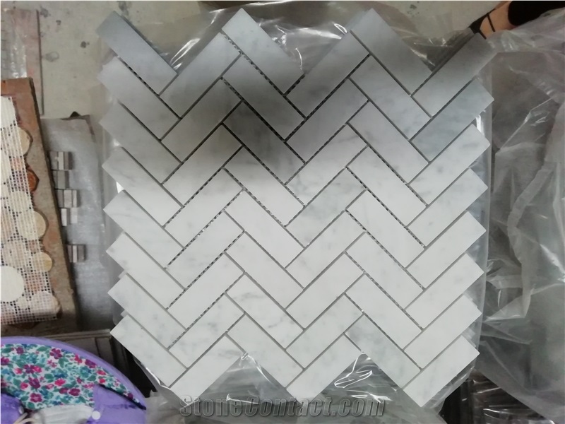 Chevron Mosaic White Marble Herringbone Mosaic