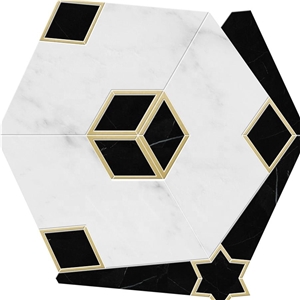 White Hexagon Water-Jet Marble Mosaic Pattern