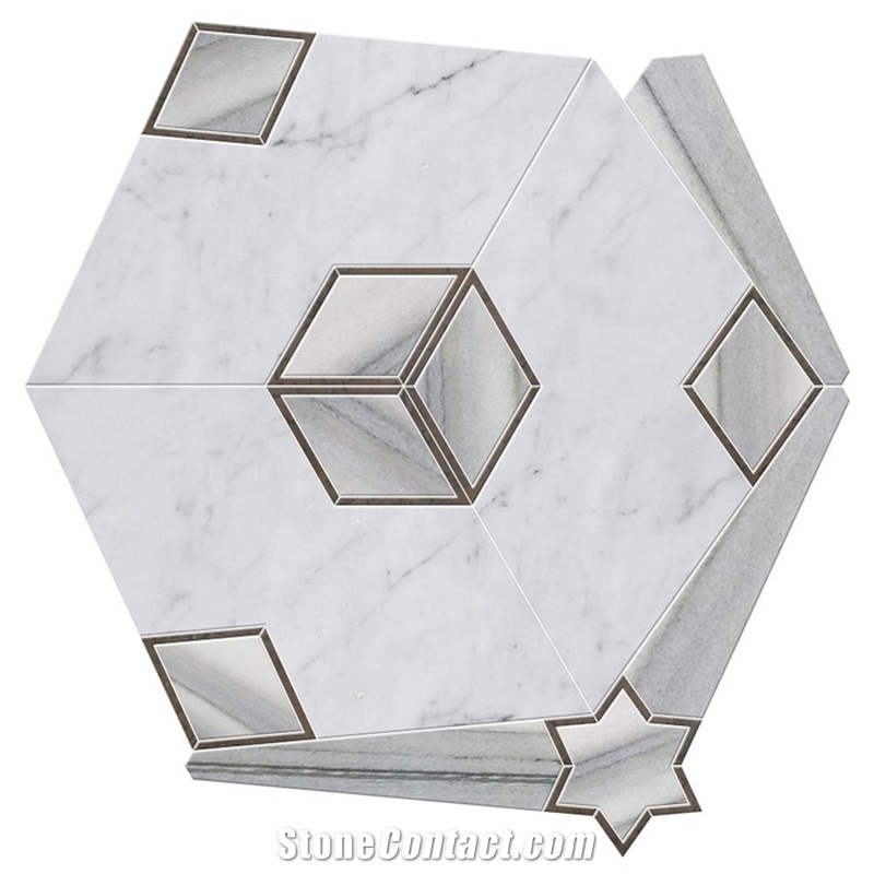 White Hexagon Water-Jet Marble Mosaic Pattern