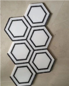 White Mix Black Marble Hexagon Mosaic Tiles