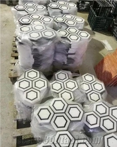 White Mix Black Marble Hexagon Mosaic Tiles