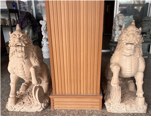 Beige Sandstone Kylin Chinese Dragon Sculptures