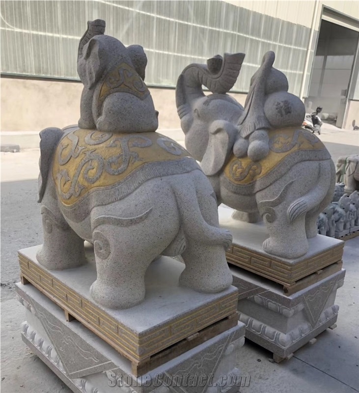 Golden Child-Mother Elephant Stone Animal Statues