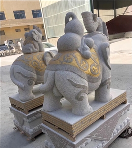 Golden Child-Mother Elephant Stone Animal Statues