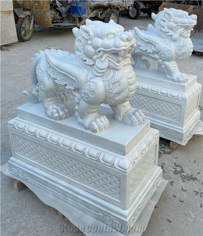 Pure White Marble Kylin Pi Xiu Handcarved Statues
