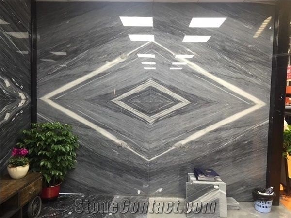 New Cartier Grey Blue Wooden Vein Marble Wall Slab Bookmatch