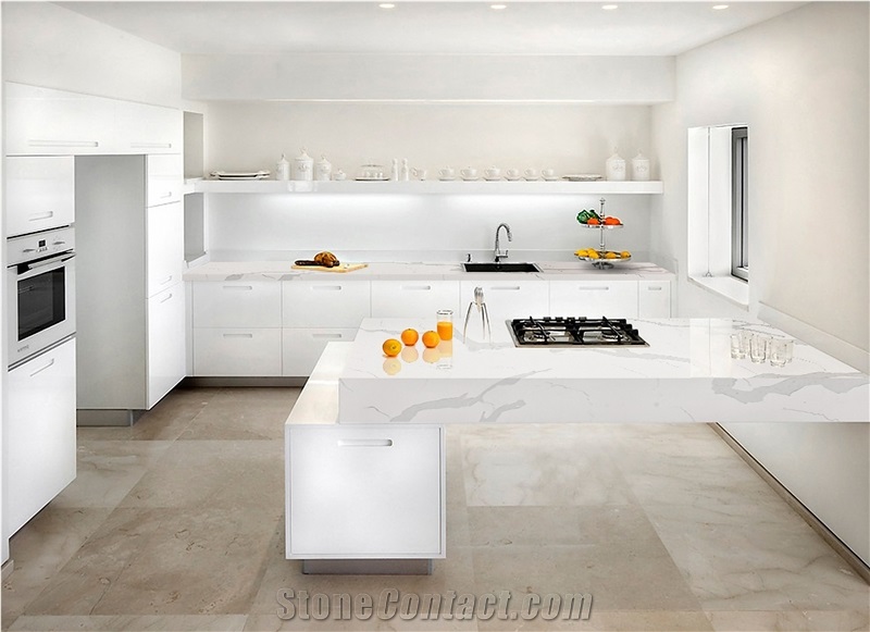 White Calacatta Quartz Stone Kitchen Countertop