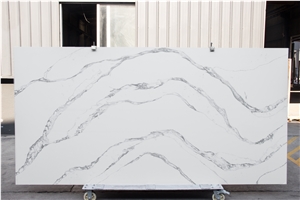 White Calacatta Quartz Stone Kitchen Slab Project