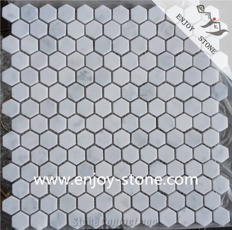 Honed Small Hexagon Carrara White Mosaic Tiles