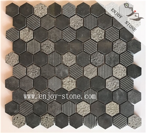 Mixed Finished Hexagon Basalt Mosaic Tiles
