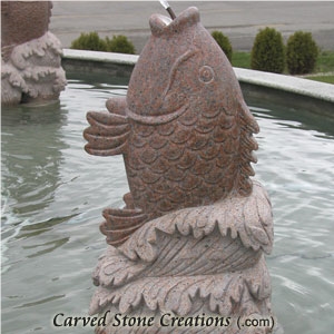 Maple Leaf Red Granite Carved Jumping Koi Fountain