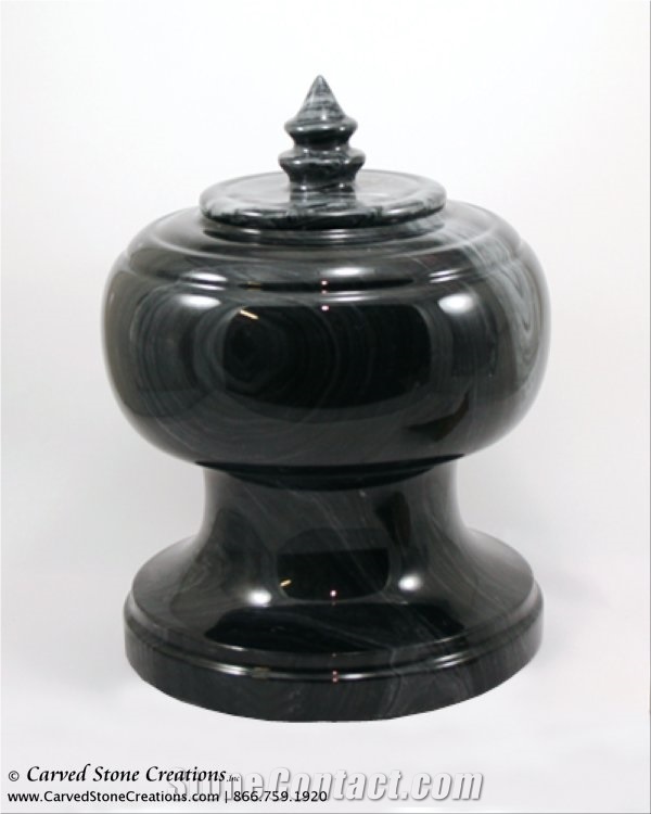 Polished Black Marble Urn with Finial Cap