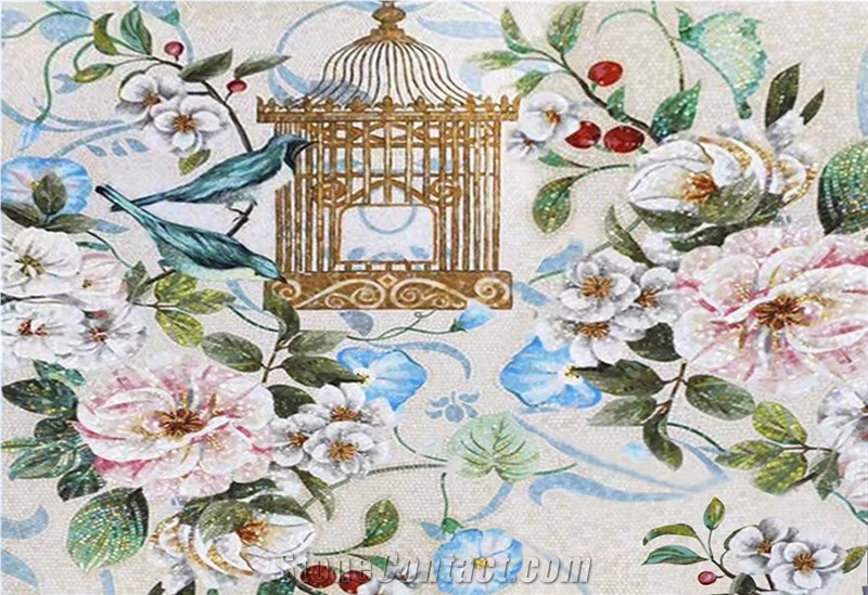 Bird and Birdcage with Flowers Glass Medallion
