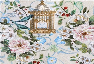 Bird and Birdcage with Flowers Glass Medallion