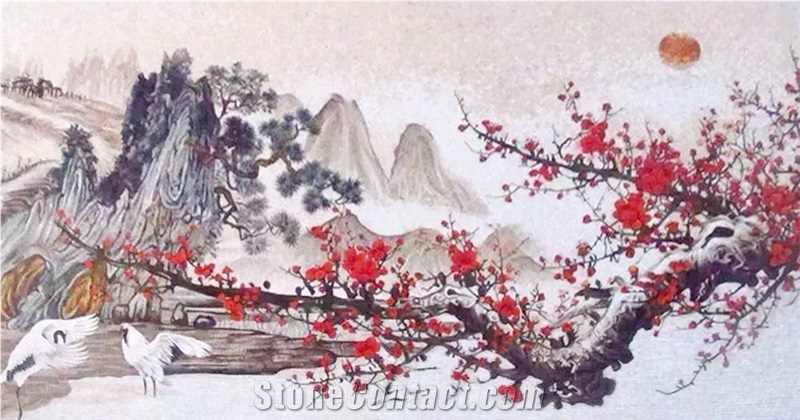 Chinese Style Plum Blossom Landscape Glass Mosaic Art Work Replica