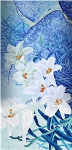 Light Blue Background White Flowers Roman Glass