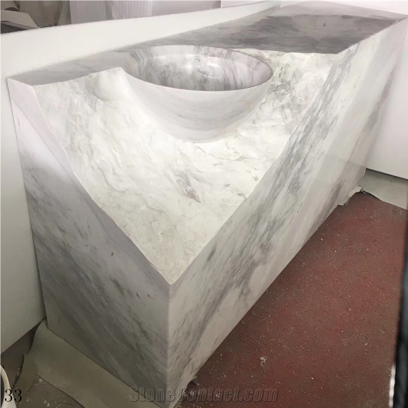 Marble Bathroom Wash Countertop with Round Sinks