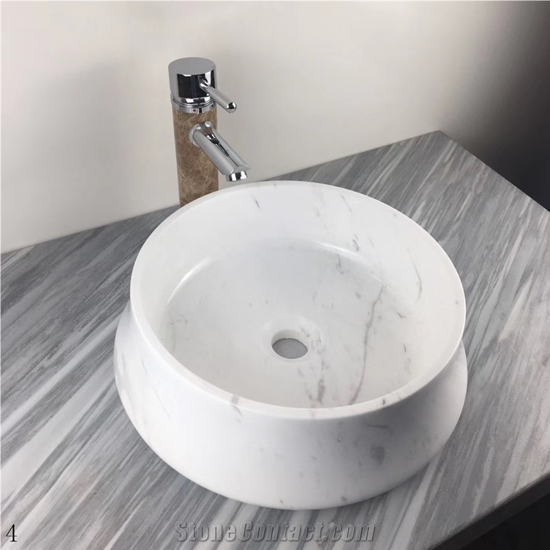 Volakas White Marble Bathroom Round Wash Sinks