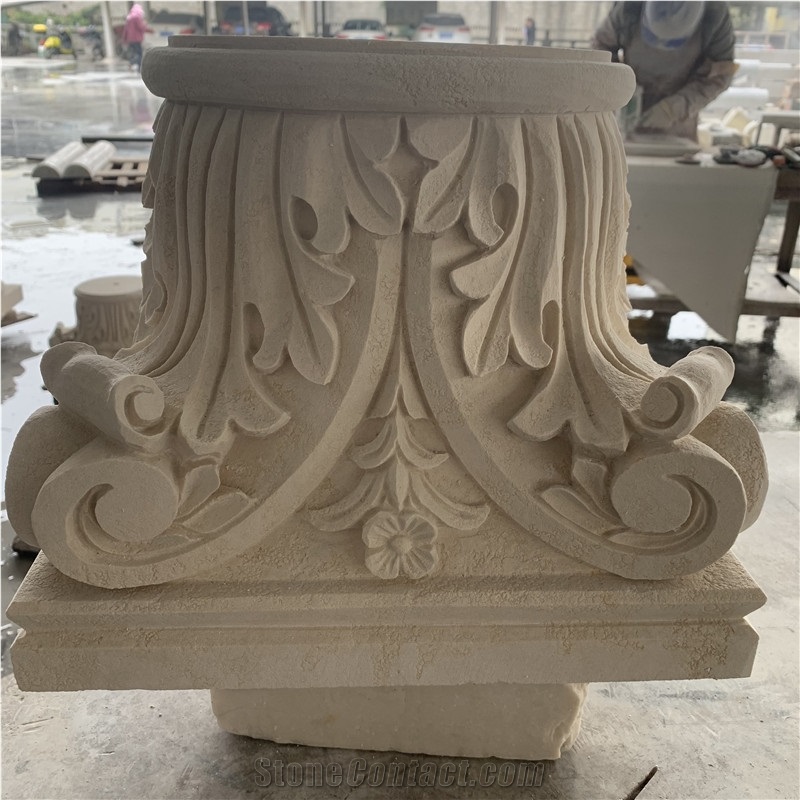 Beige Limestone Carve Decorative Stand Pillar