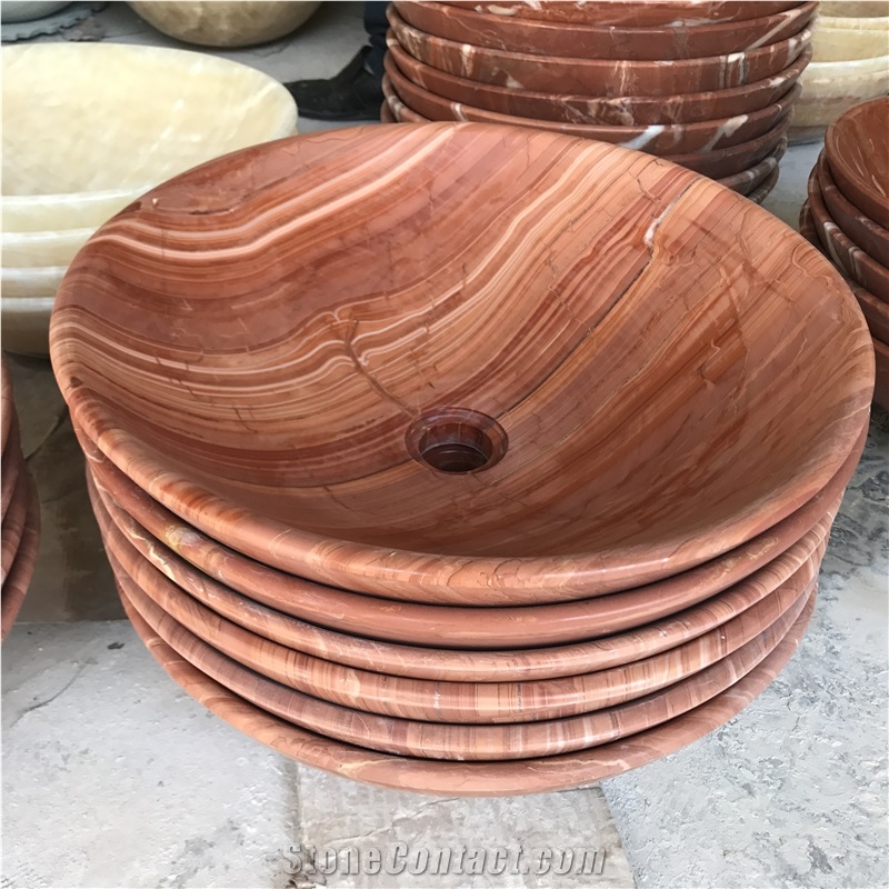 Coral Red Marble Round Stone Sink Basin Bathroom