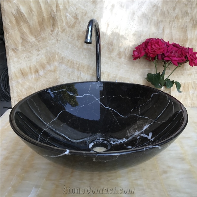 Natural Stone Black Marquina Round Wash Sink Basin