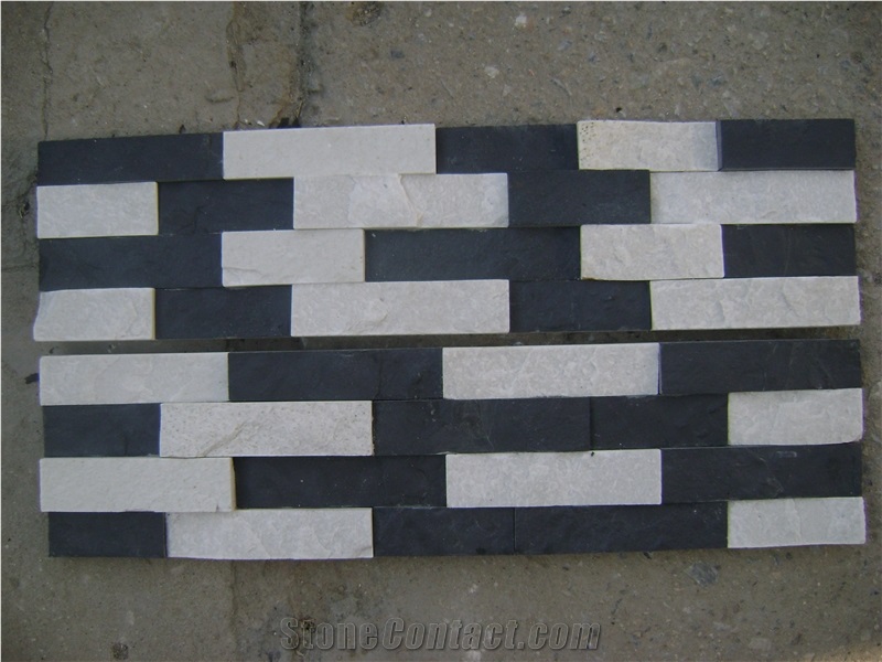 Black & White Split Face Slate Stacked Stone Wall