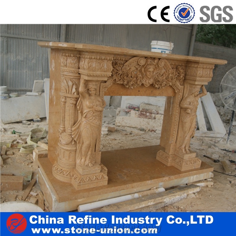 Chinese Yellow Beige Limestone Handcraft Fireplace