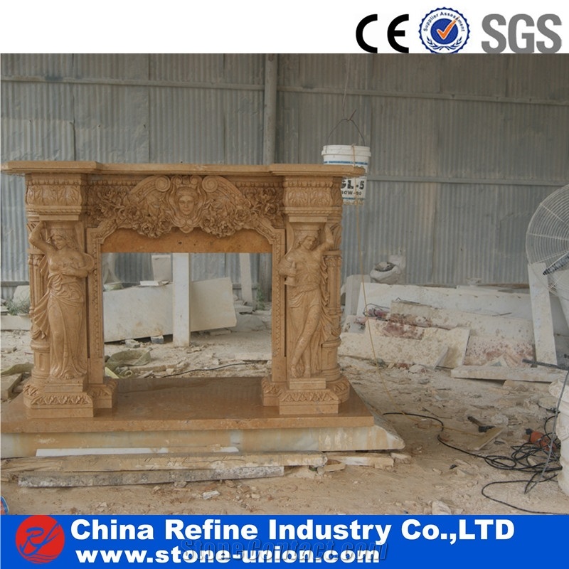 Chinese Yellow Beige Limestone Handcraft Fireplace