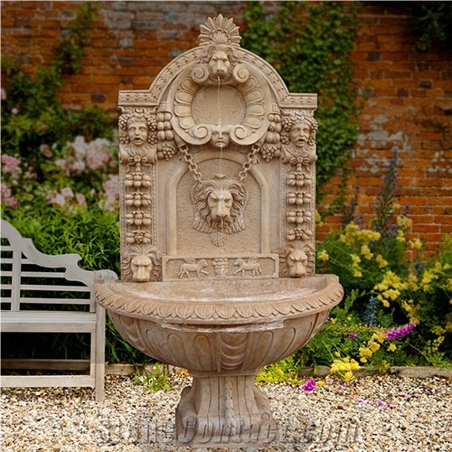 Handcarved Garden Wall Beige Marble Water Fountain
