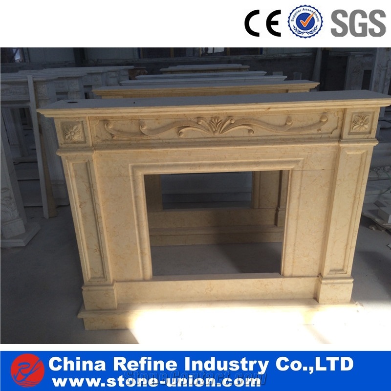 Interior Sunny Beige Marble Fireplace Mantel