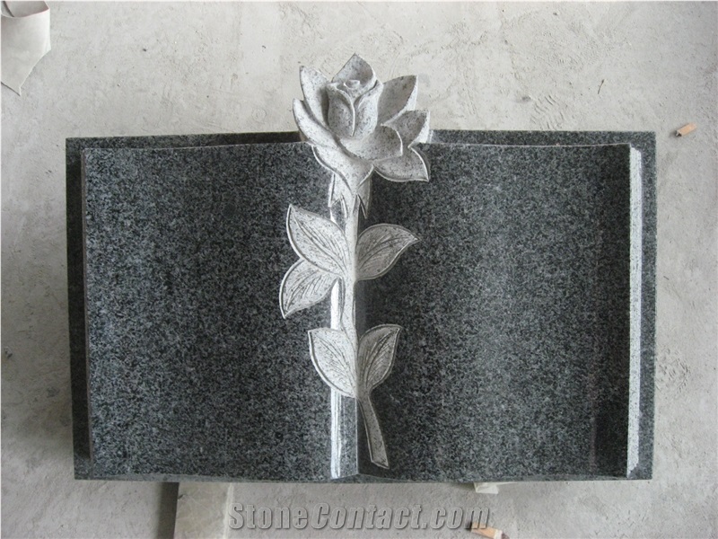 Dark Granite Book Rose Monument Headstone