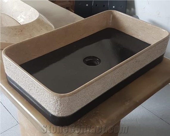 Lapis Marble Vessel Sink- Java Beige Marble Rectangle Basin