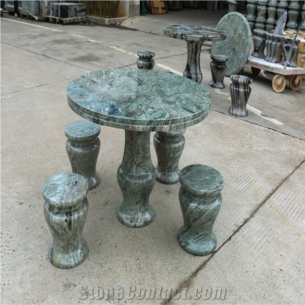 Garden Carved Green Onyx Table and Bench