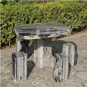 Garden Carved Green Onyx Table and Bench