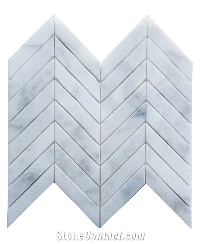 1"X3" Chevron White Marble Polished Mosaic