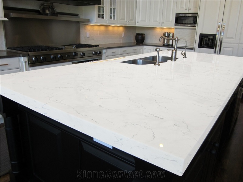 Carrara White Artificial Quartz Kitchen Countertop, Island Top