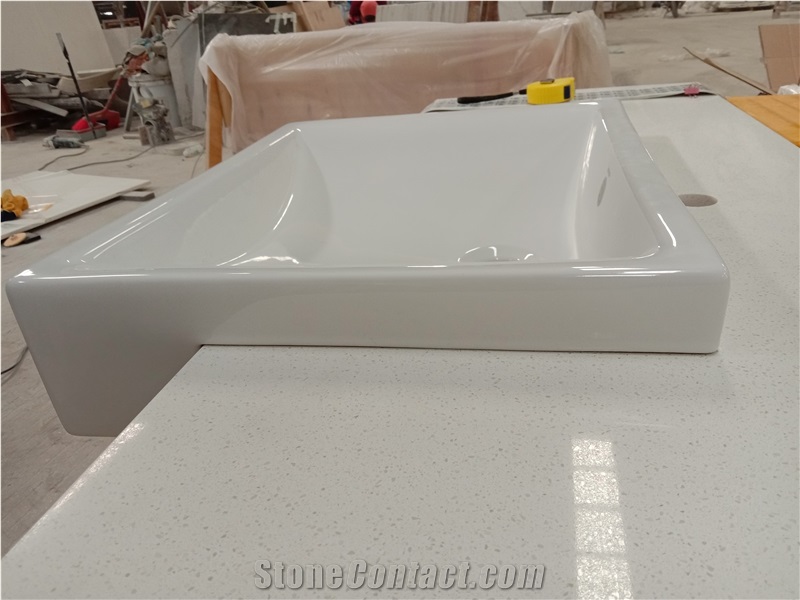 White Quartz Bath Top with Ceramic Art Sink