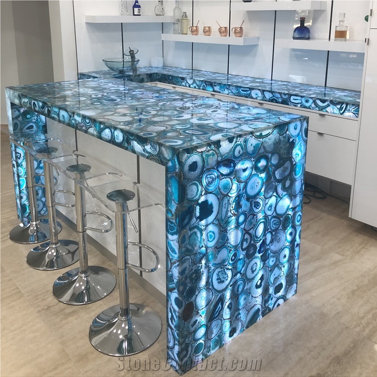 Gemstone Table Top, Blue Agate Semi Precious Stone Custom Table Top