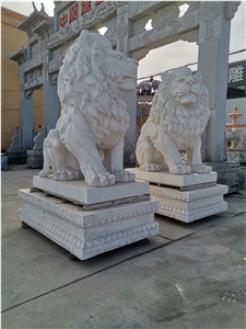 Garden White Marble Lions Sculpture Carving Statue