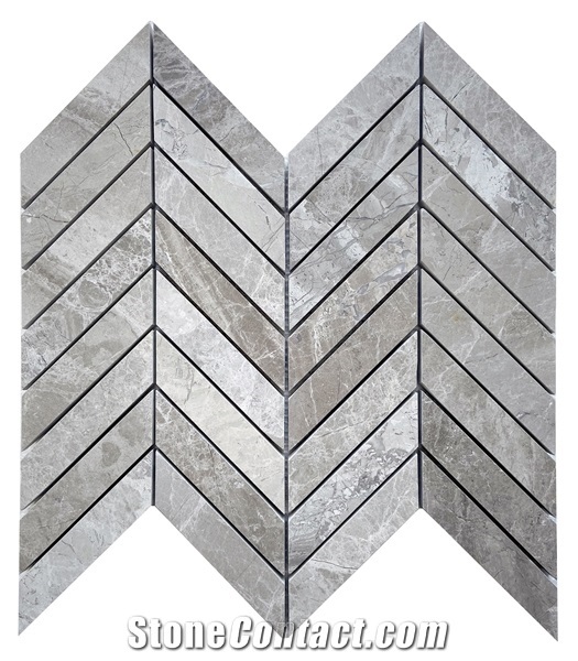 1"X3" Chevron Polished Mosaic with Silver Royal Marble