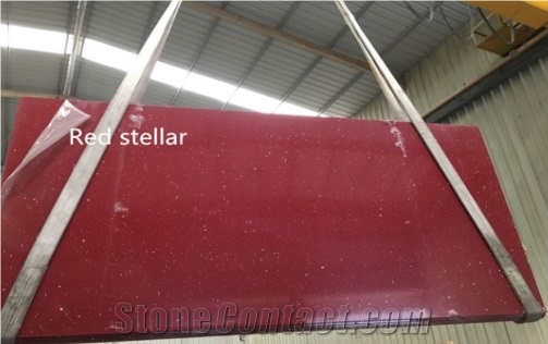Stellar Red with Glossy and Polished Quartz Slabs