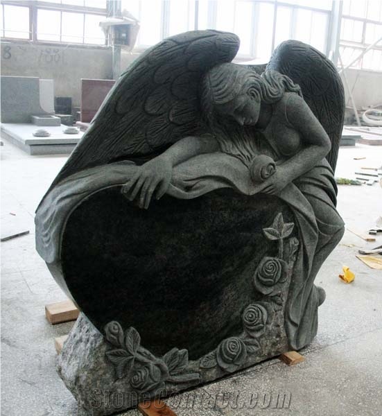 Tropical Green Polished Angel Carving Tombstone