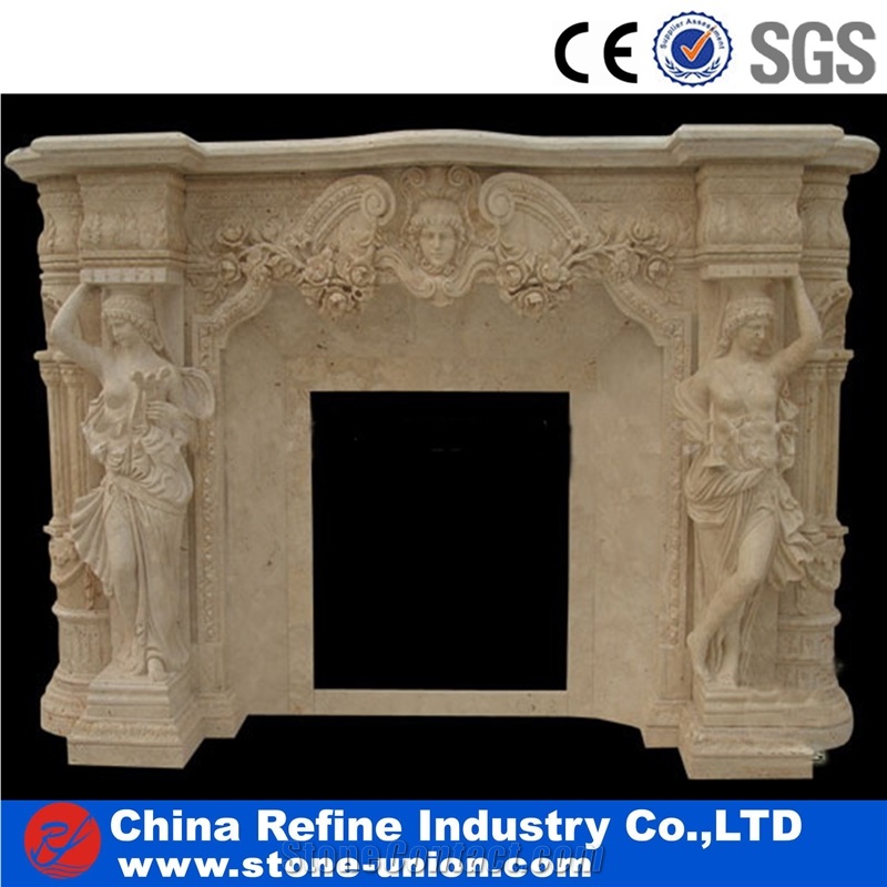 Beige Marble Sculptured Carving Fireplace Mantel