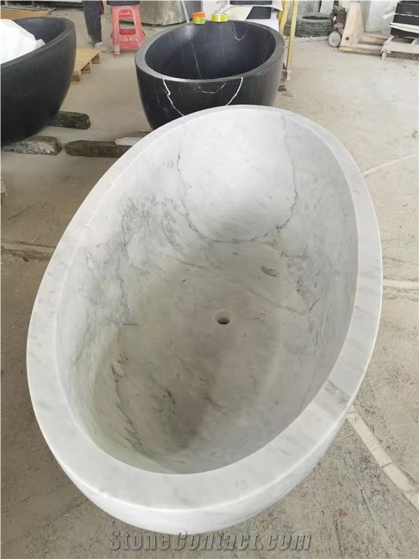 Black White Marble Oval Bathtub Hand Carved