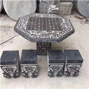 Antiqued Black Limestone Carved Table and Chairs
